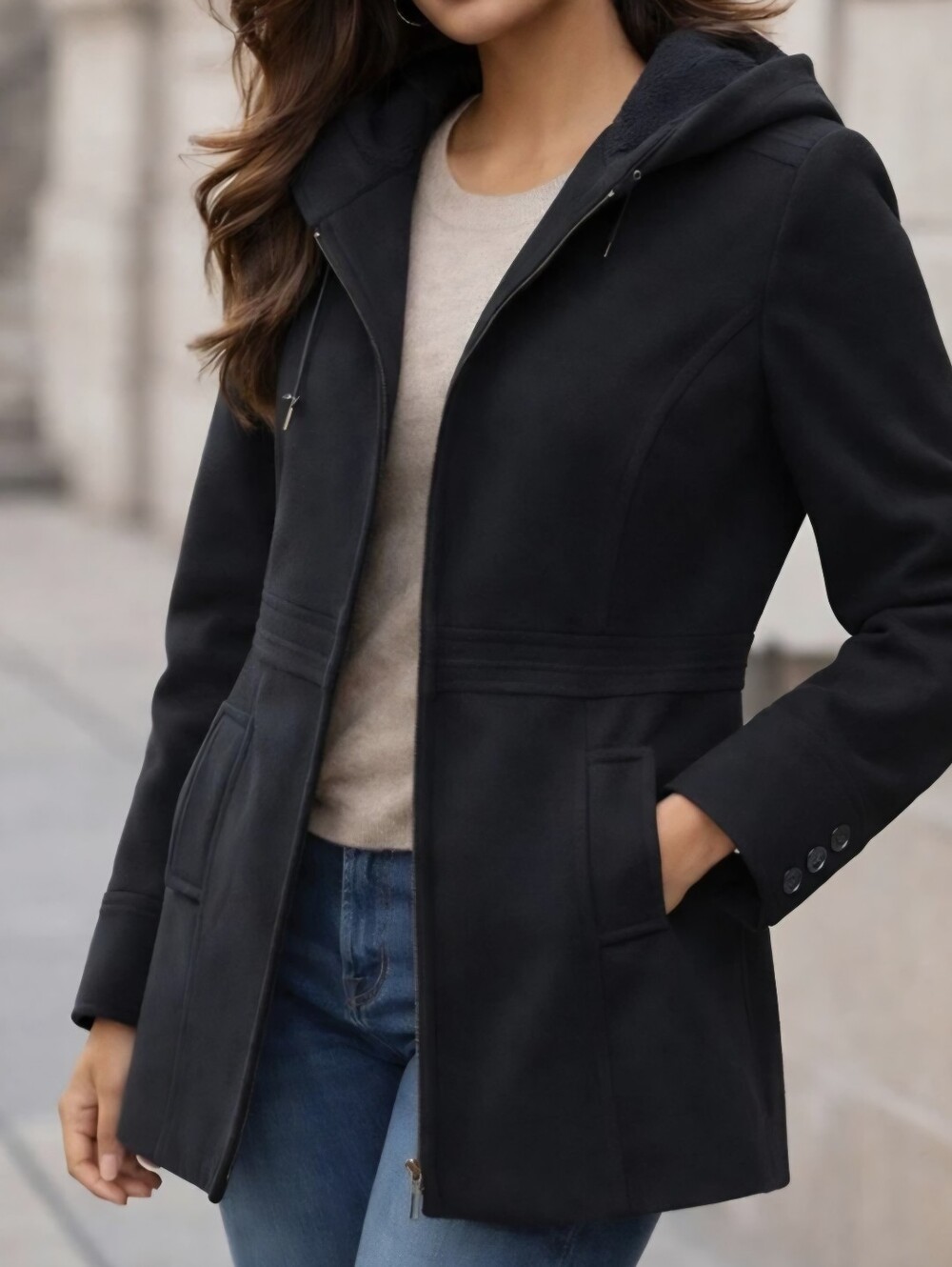 St. John's Bay XL Pea Coat Women's Black Hooded Wool Blend Zip Up NWOT